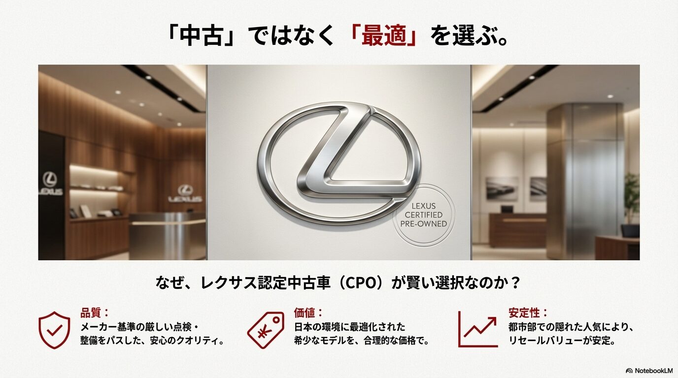 メーカー基準の品質、希少モデルの価値、リセールバリューの安定性という、レクサス認定中古車(CPO)のメリット解説