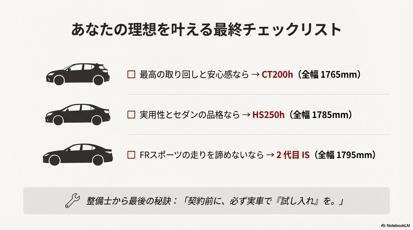 モデル選びの判断基準と、整備士推奨の「契約前の試し入れ」のアドバイスをまとめたチェックリスト