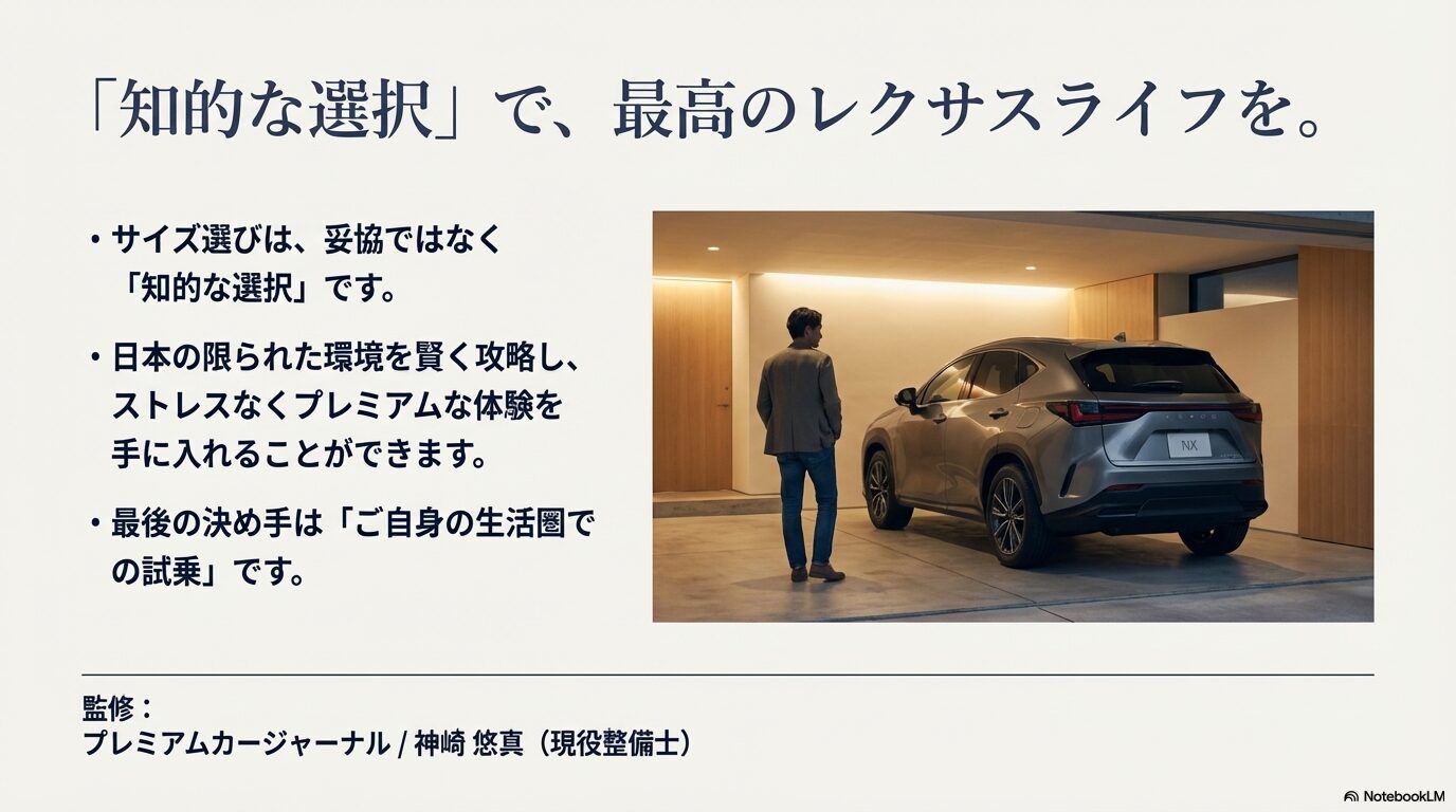 自宅ガレージでレクサスNXを眺める男性の背中。サイズ選びは妥協ではなく日本の環境を賢く攻略する「知的な選択」であるという結びのメッセージ。