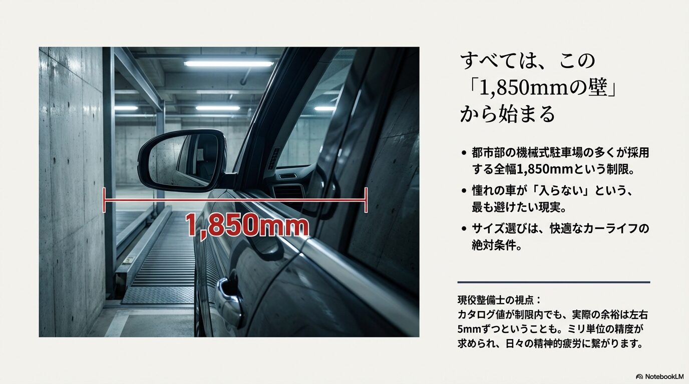 機械式駐車場に停車するレクサスの側面と、全幅制限1,850mmを示す赤いライン。整備士の視点としてカタログ値と実際の余裕の少なさを解説。