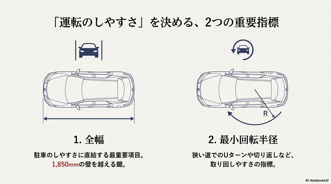 車両を真上から見たイラスト。駐車のしやすさに直結する「全幅」と、取り回しやすさの指標である「最小回転半径」の重要性を説明。