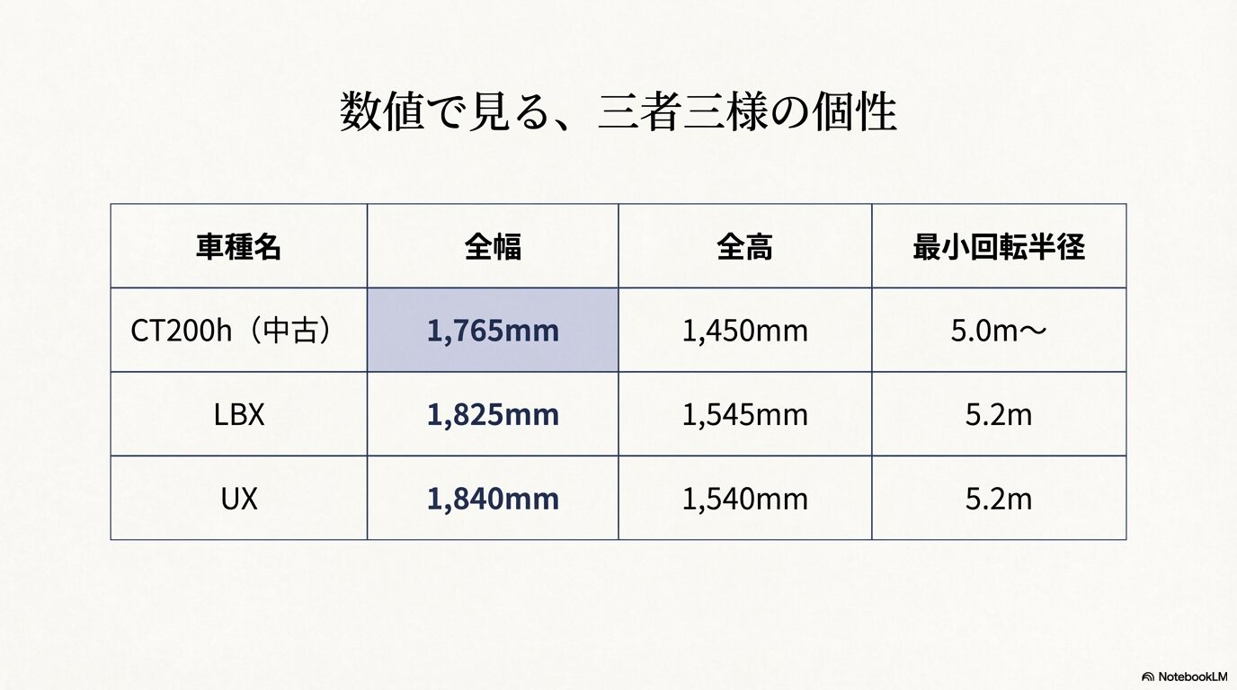 レクサスCT200h、LBX、UXの全幅、全高、最小回転半径を一覧で比較した数値データ表。