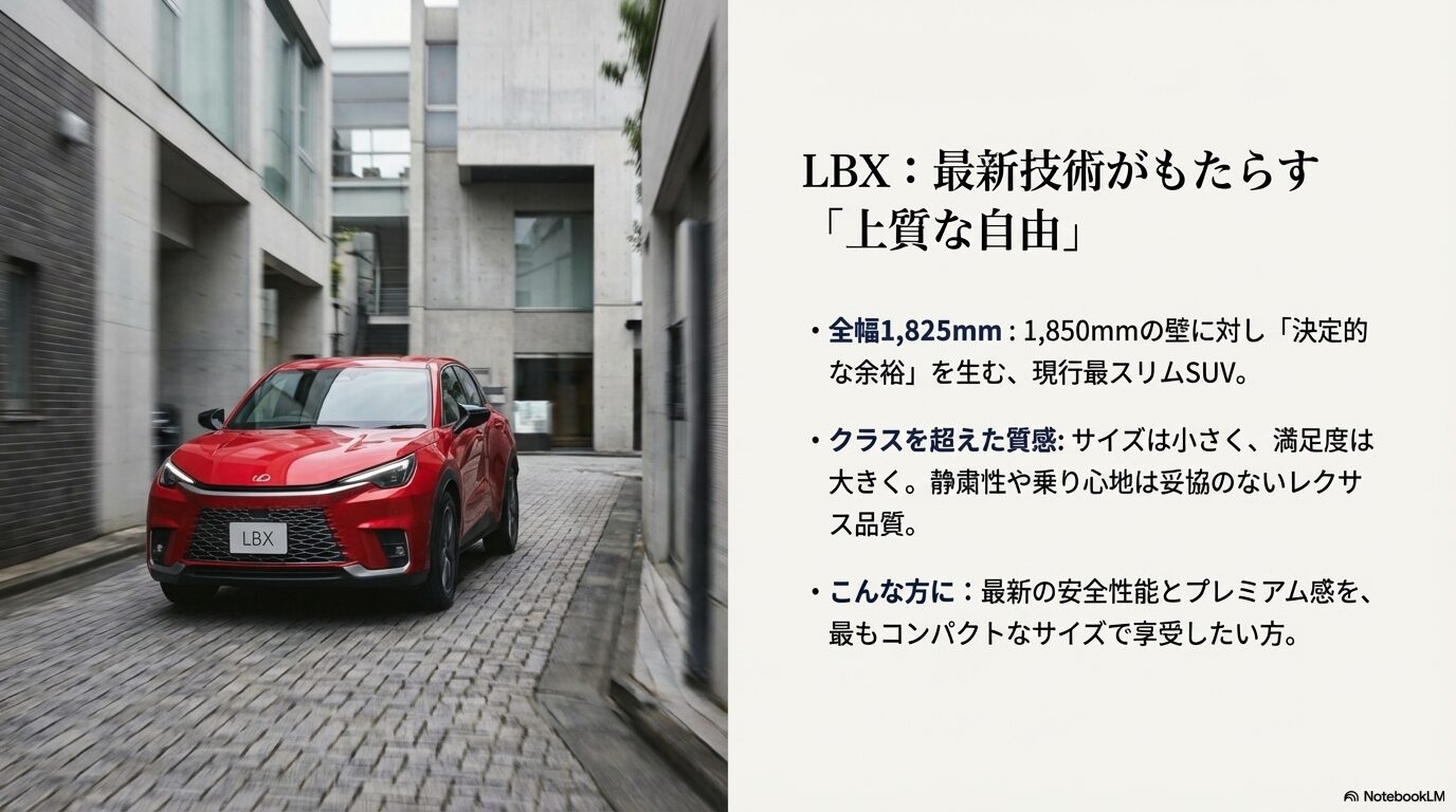 狭い石畳の道を通る赤いレクサスLBX。現行最スリムSUVとして1,850mmの壁に対し余裕を生むサイズ感と、クラスを超えた質感を解説。