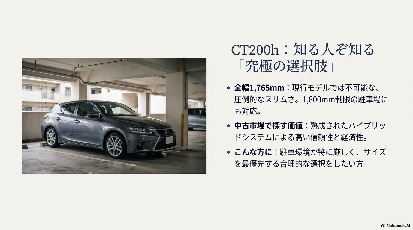 駐車場に停まるレクサスCT200h。現行モデルにはない全幅1,765mmという圧倒的なスリムさにより、1,800mm制限の駐車場にも対応可能。