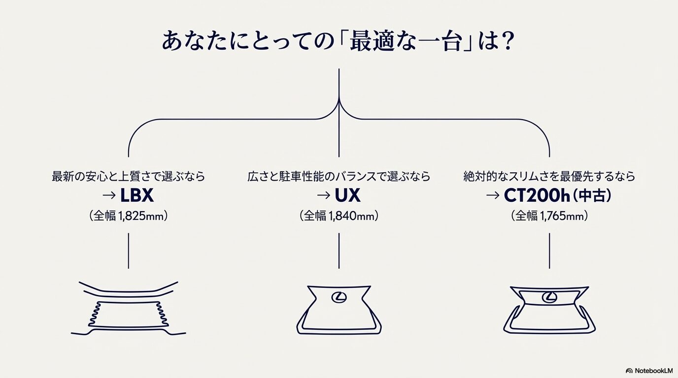 ニーズに合わせてLBX、UX、CT200hのどれを選ぶべきかを示すフローチャート形式のまとめスライド。
