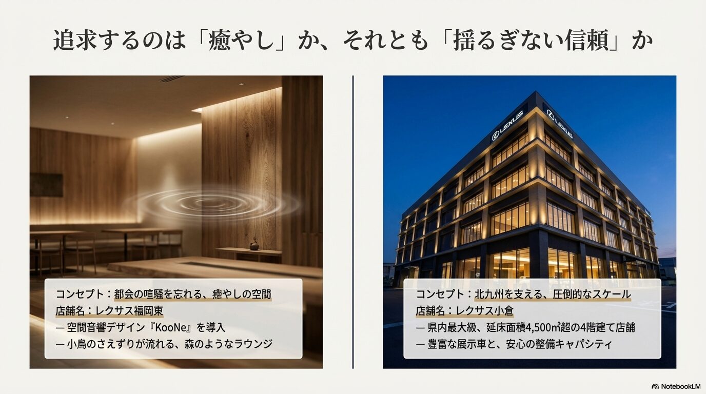 レクサス福岡東の音響空間KooNeとレクサス小倉の店舗外観および特徴