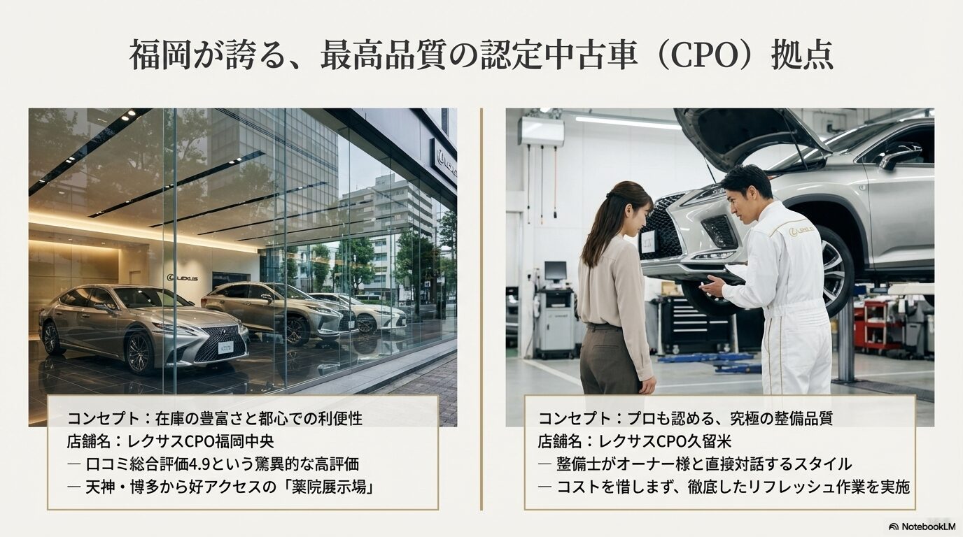 レクサスCPO福岡中央の薬院展示場とレクサスCPO久留米の整備士対応の様子