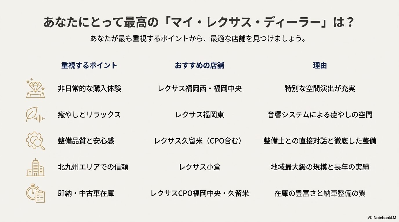 重視するポイント別・福岡のレクサス販売店おすすめ比較チャートまとめ