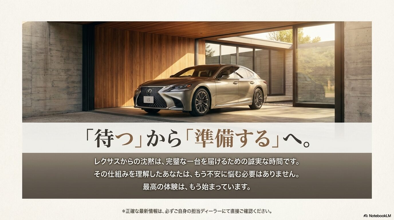 ガレージに納車されたレクサスLSの美しい画像。待つ時間から準備する時間へ、最高の体験が始まっていることを象徴するシーン。