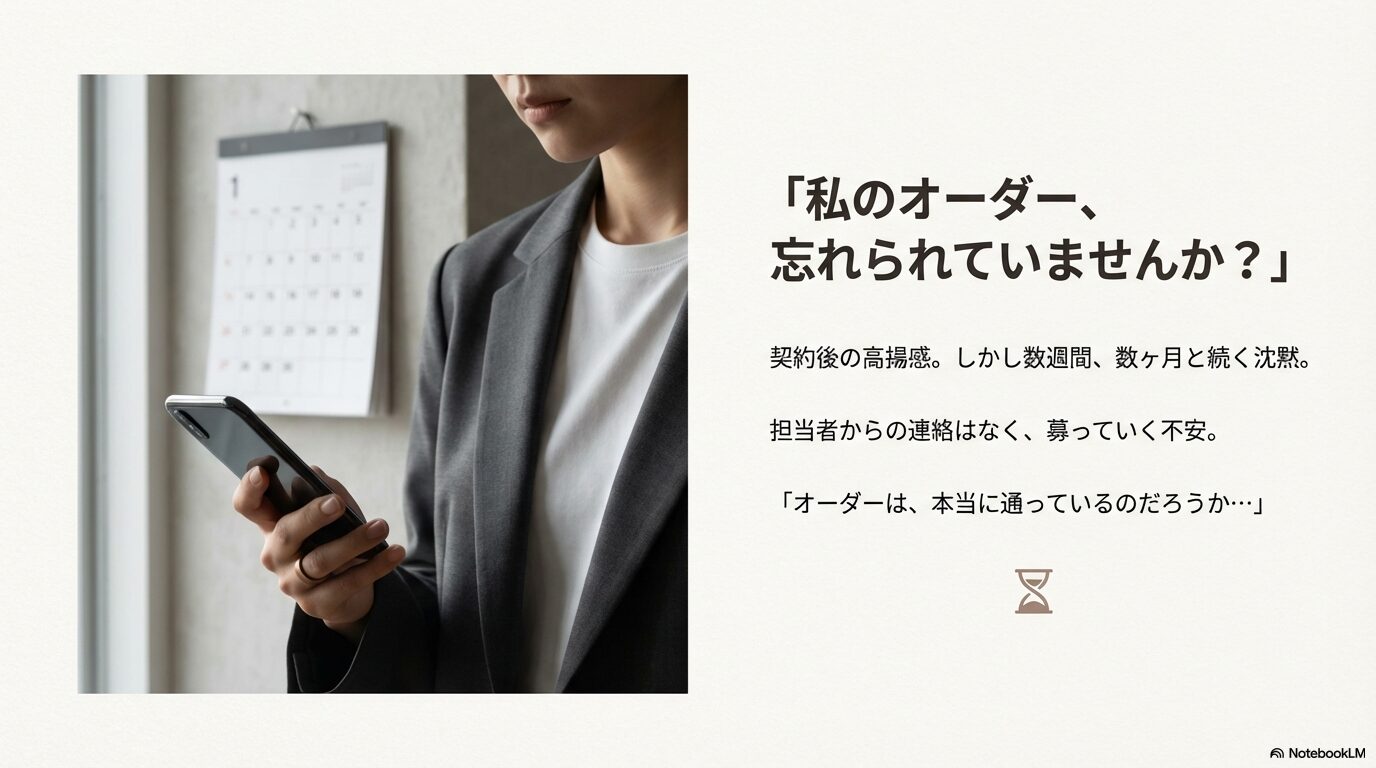 レクサスを契約した後、数週間・数ヶ月と連絡がなく不安を感じながらスマートフォンを確認するオーナーのイメージ。