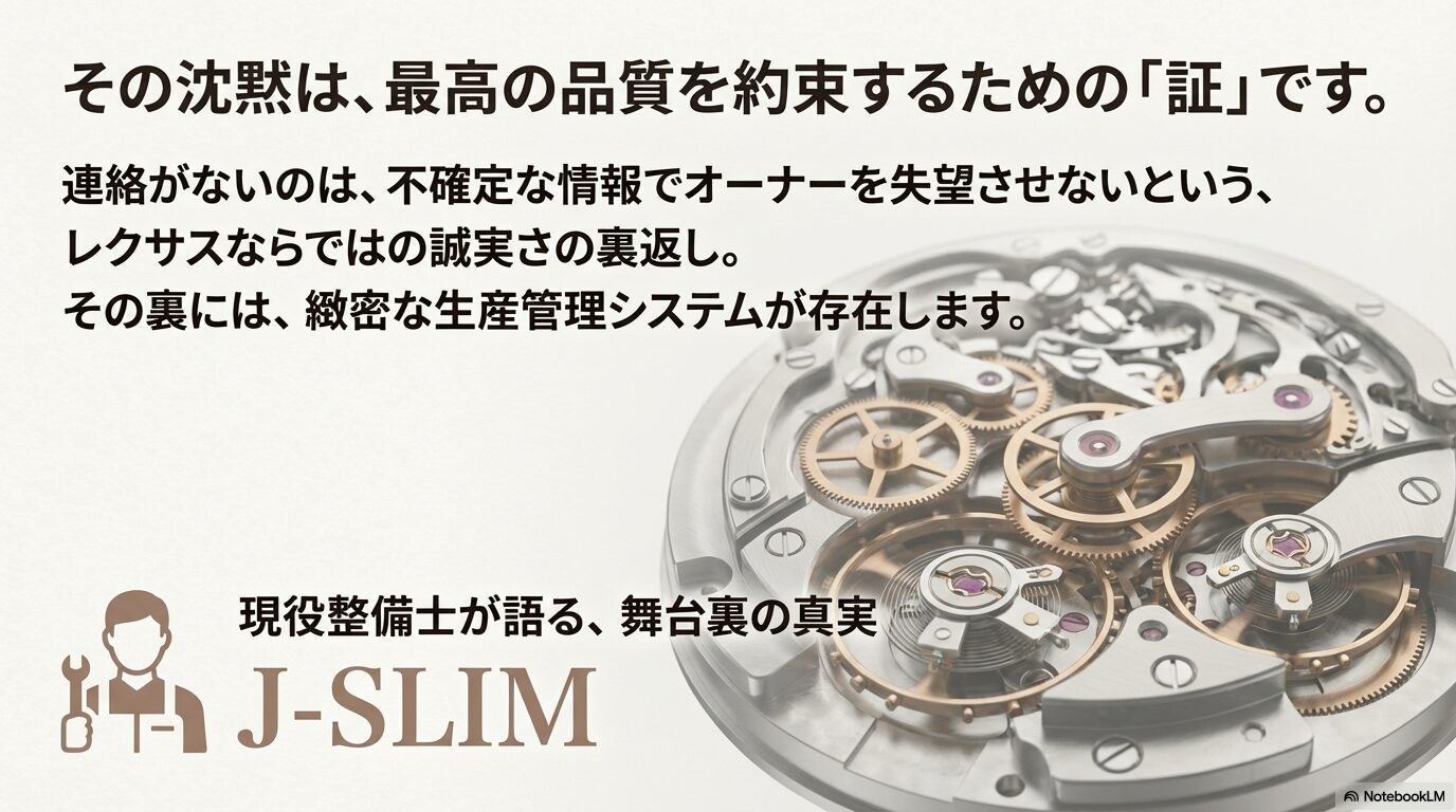 レクサスからの連絡がないのは不確定な情報で失望させないための誠実さの裏返しであり、緻密な生産管理システムが存在することを示すスライド。