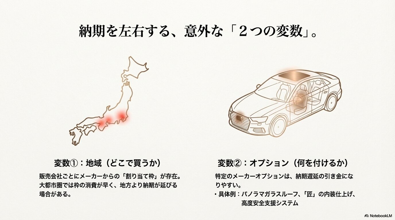 販売会社ごとの割り当て枠（地域）と、パノラマガラスルーフや匠の内装仕上げなどの特定オプションが納期に影響することを示す解説図。