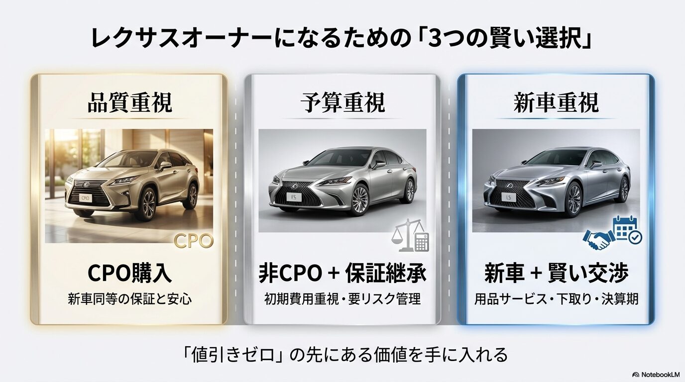 品質重視(CPO)、予算重視(非CPO+保証継承)、新車重視(用品サービス・下取り交渉)の3つのルートのまとめ図