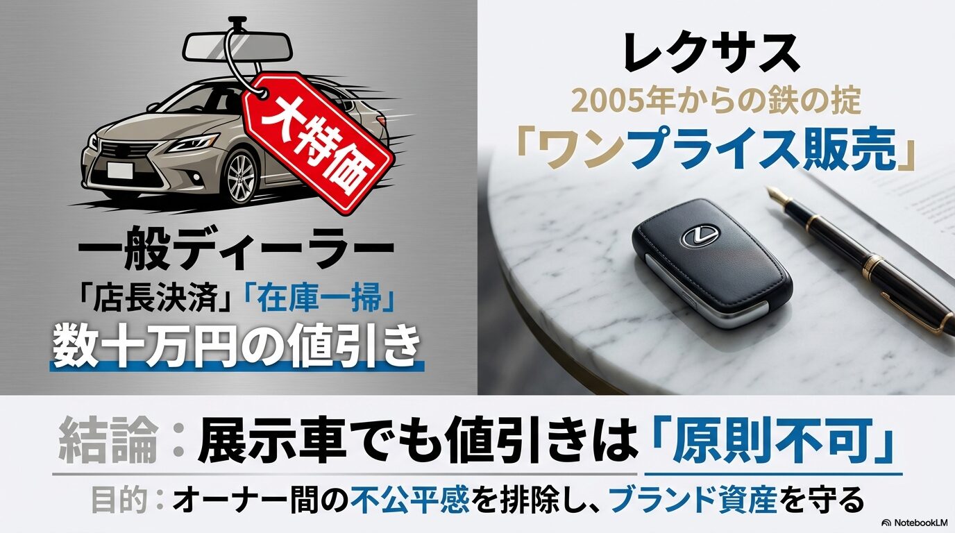 一般ディーラーの数十万円値引きに対し、レクサスは2005年からワンプライス販売を徹底していることの説明図