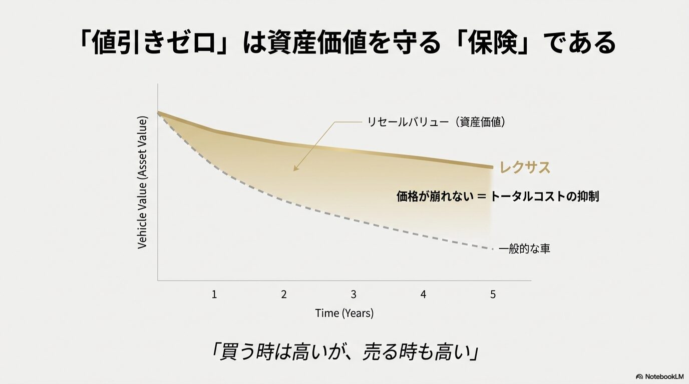 レクサスと一般的な車の資産価値(リセールバリュー)を5年間にわたって比較したグラフ。レクサスは価格が崩れにくいことを示している