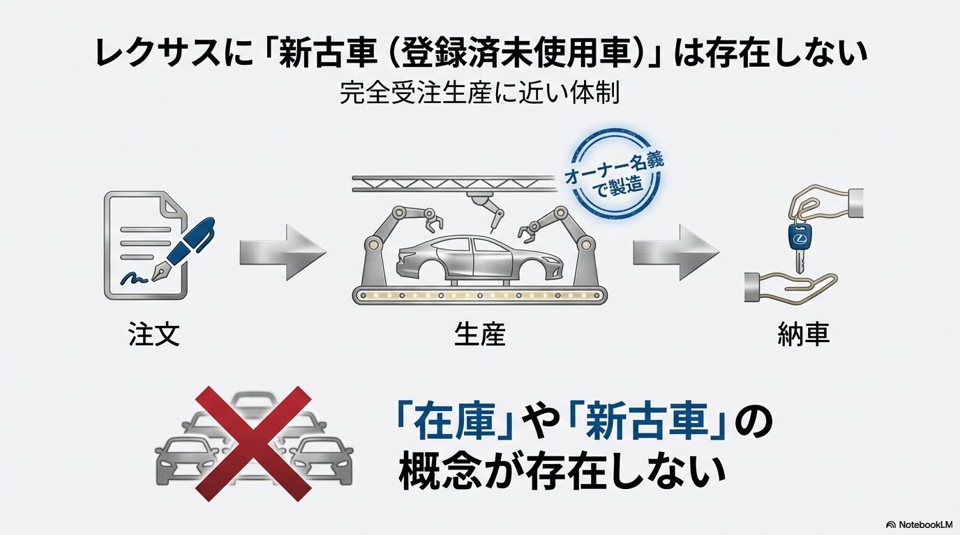 注文から生産、納車までの流れを示し、オーナー名義で製造されるため在庫や新古車の概念が存在しないことを説明する図