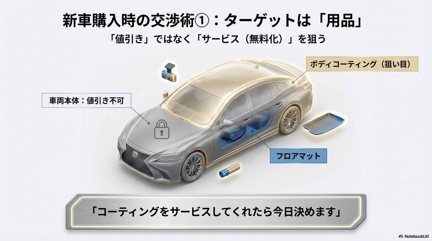車両本体の値引きが不可な中、ボディコーティングやフロアマットなどの用品サービス(無料化)を狙う交渉術の解説図