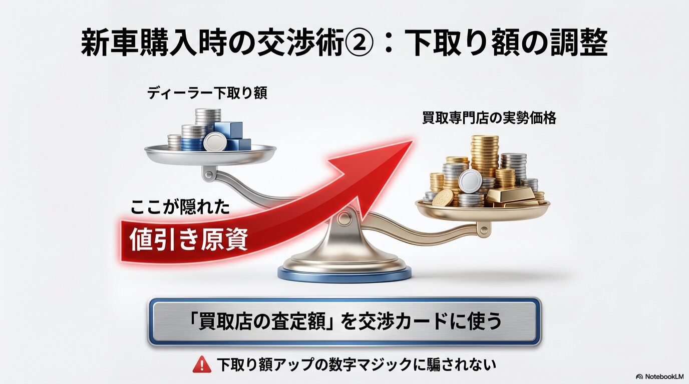 ディーラーの下取り額を隠れた値引き原資とし、買取専門店の実勢価格を交渉カードに使う方法の解説図