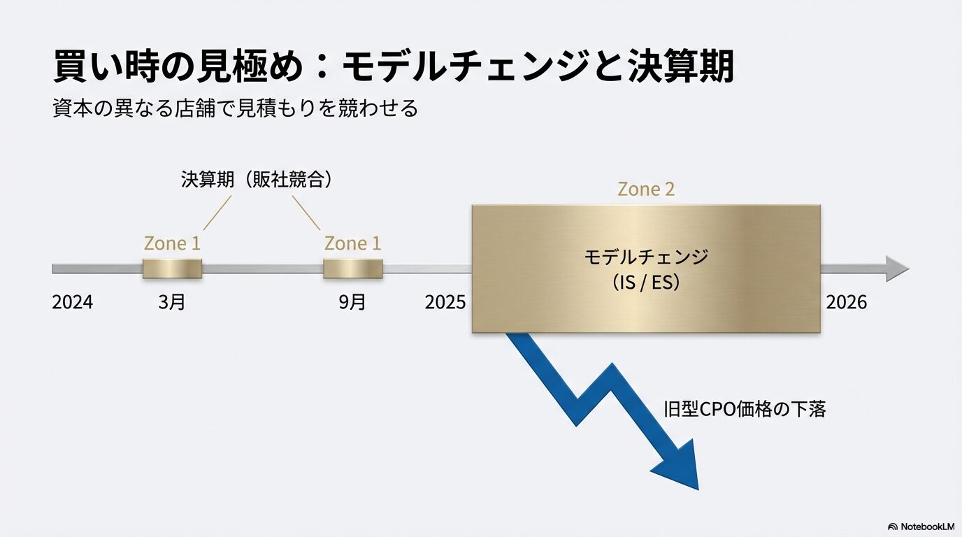 3月・9月の決算期と、IS/ESのモデルチェンジに伴う旧型CPO価格下落のタイミングを示した2024年〜2026年の予測図