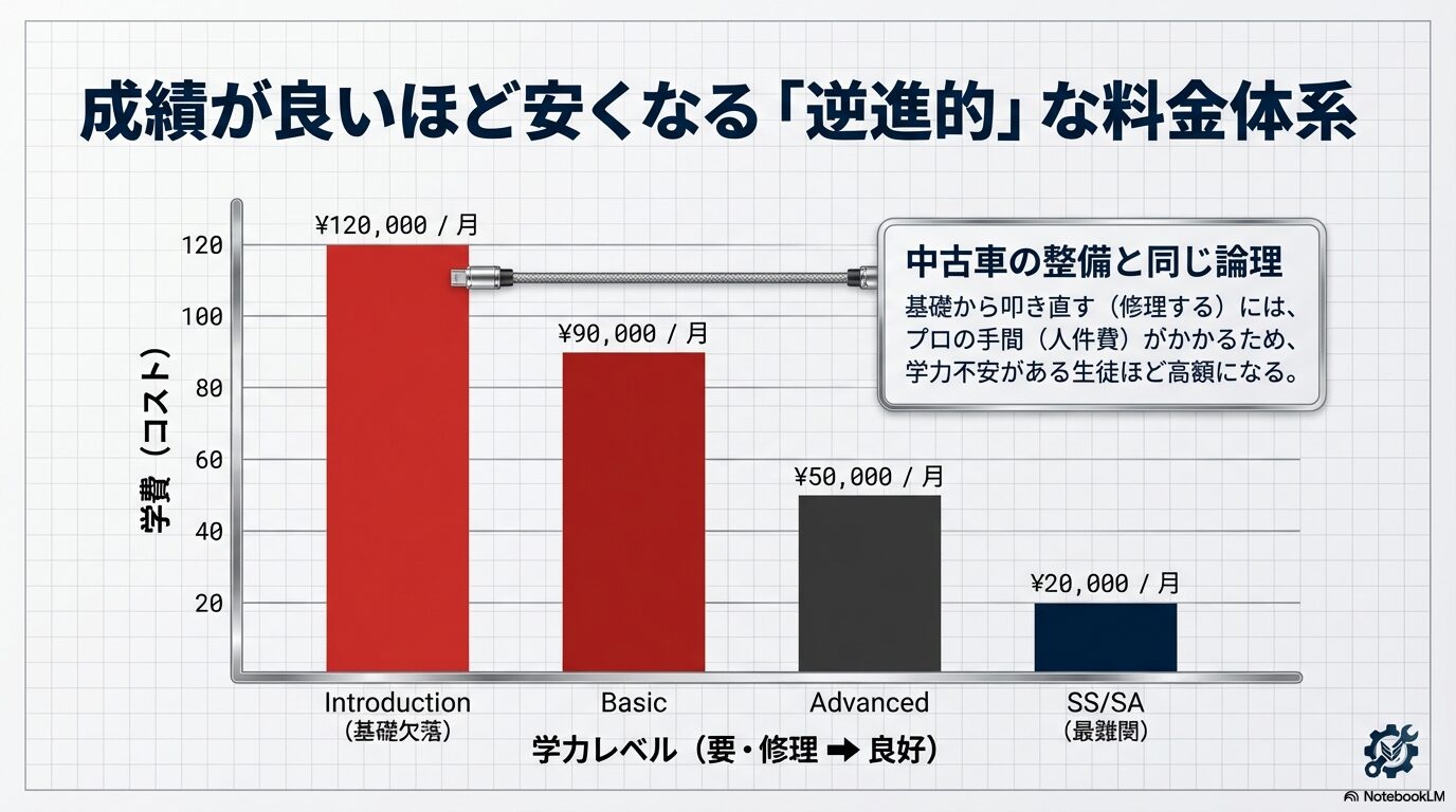学力レベル別の学費比較グラフ。基礎学力に不安がある生徒ほど人件費がかかり高額になる仕組み。