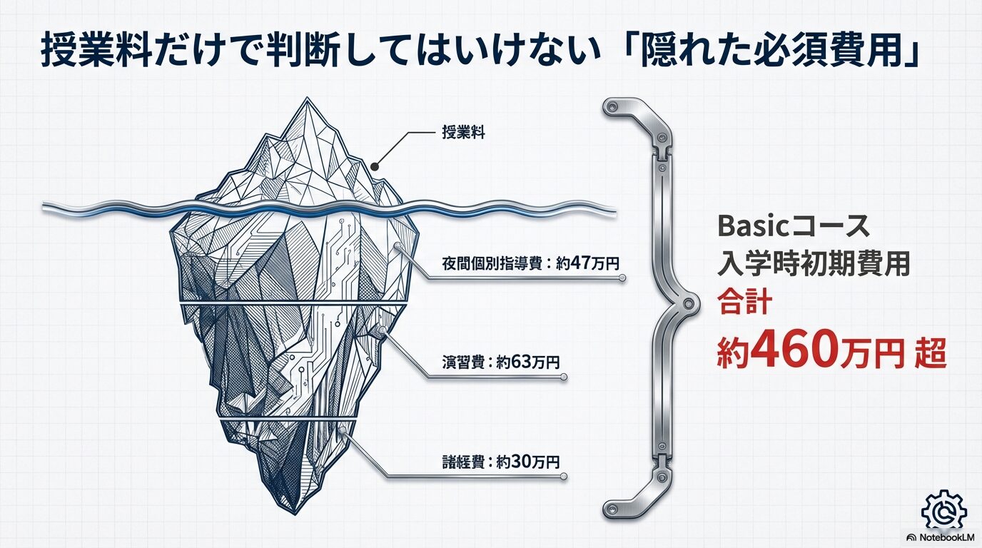 レクサス教育センターの費用構造を示す氷山図。授業料以外にかかる夜間指導費や演習費などの内訳。