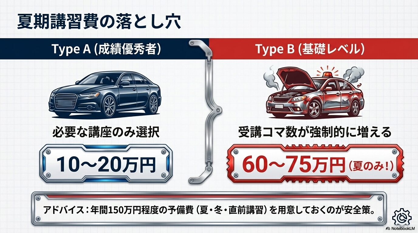 夏期講習費の比較。成績優秀者と基礎レベルの生徒でかかる費用の違い（10万円対75万円）。