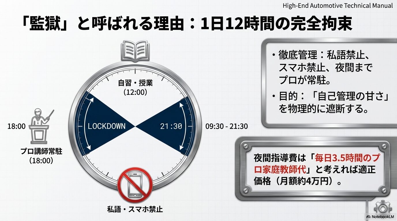 朝9時30分から夜21時30分までの12時間完全拘束学習スケジュールと管理体制。