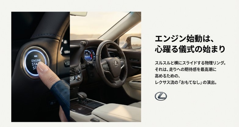 レクサスのエンジンスタートボタンを押す指先と、走りへの期待感を高める運転席コクピットの全景。