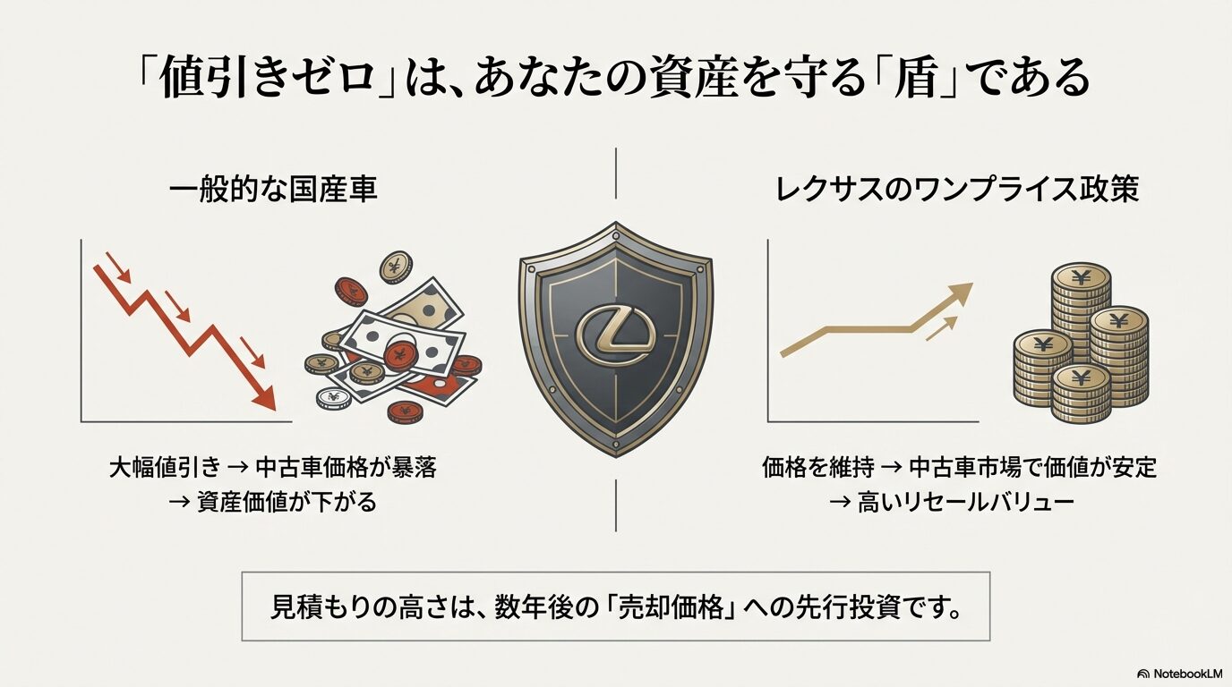 一般的な国産車の大幅値引きによる資産価値暴落と、レクサスの価格維持による高いリセールバリューの比較図