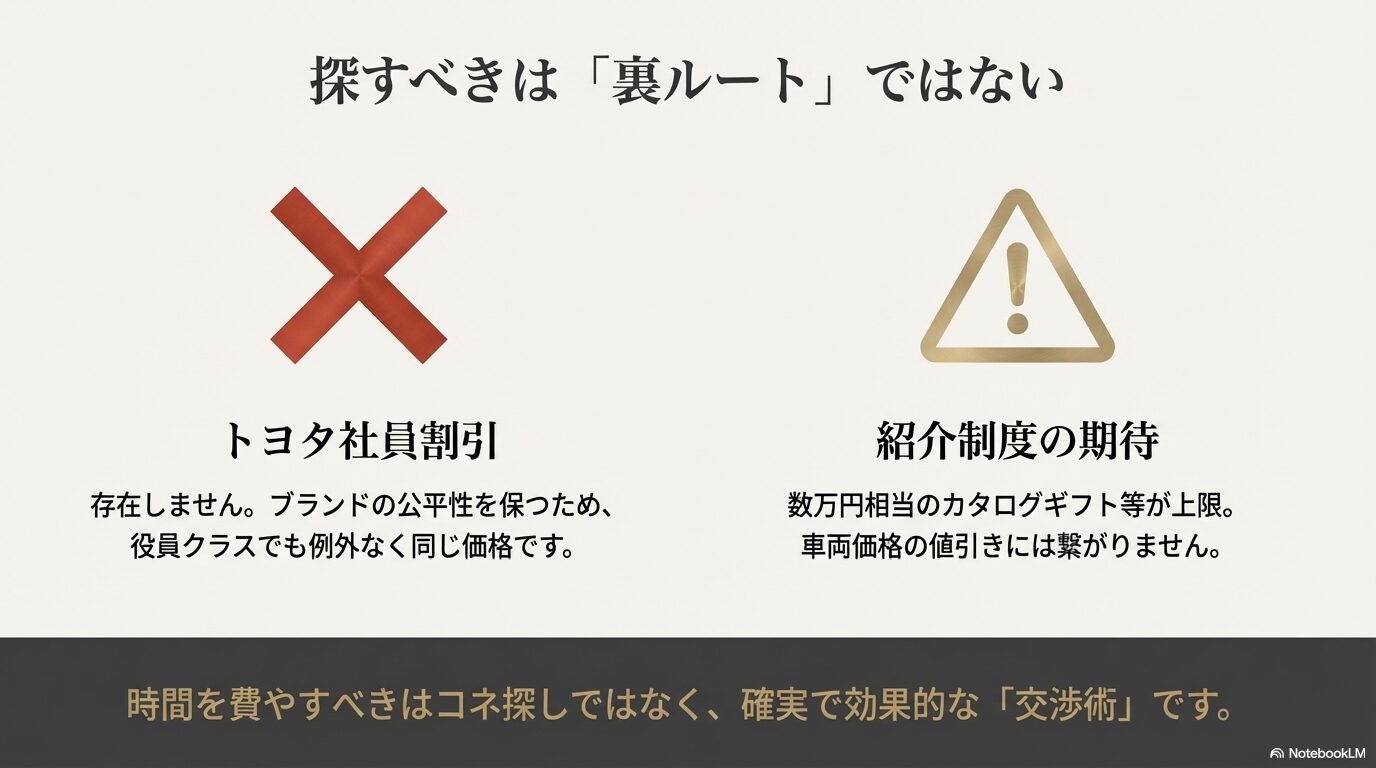 レクサスにはトヨタ社員割引が存在しないこと、紹介制度の特典には上限があり車両値引きには繋がらないことを示す解説