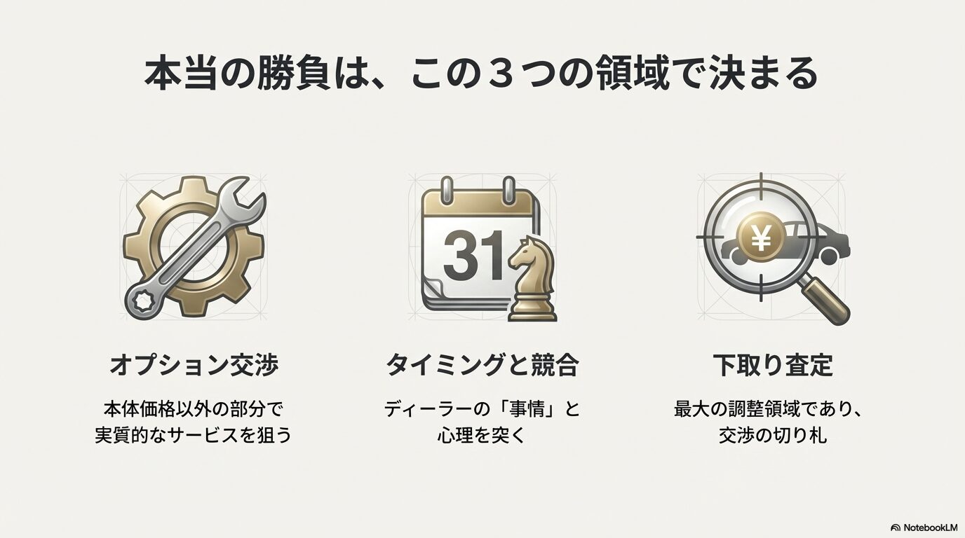 オプション交渉、タイミングと競合、下取り査定の3つの領域がレクサス商談の勝負を決めることを示すアイコン