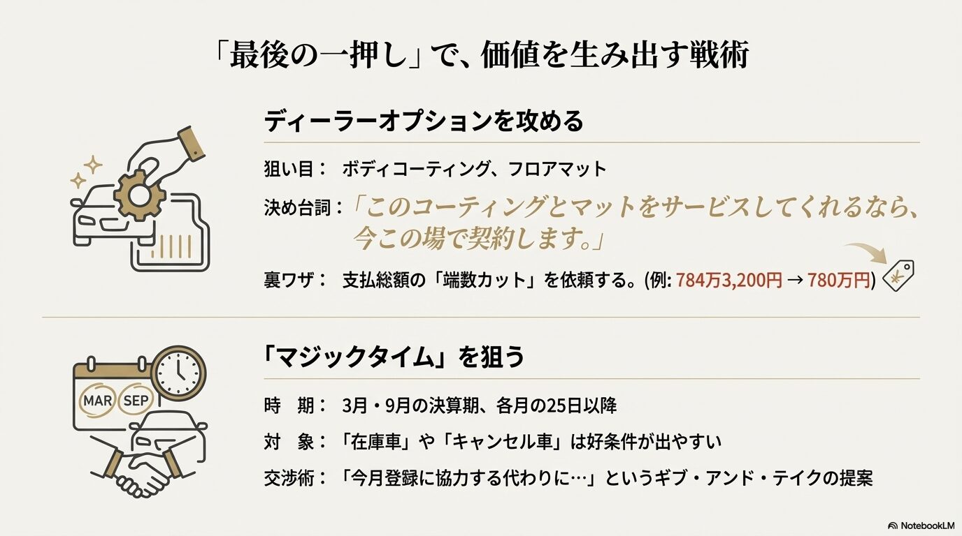 ボディコーティング等のディーラーオプション交渉術と、3月・9月の決算期や月末などのマジックタイムの狙い方