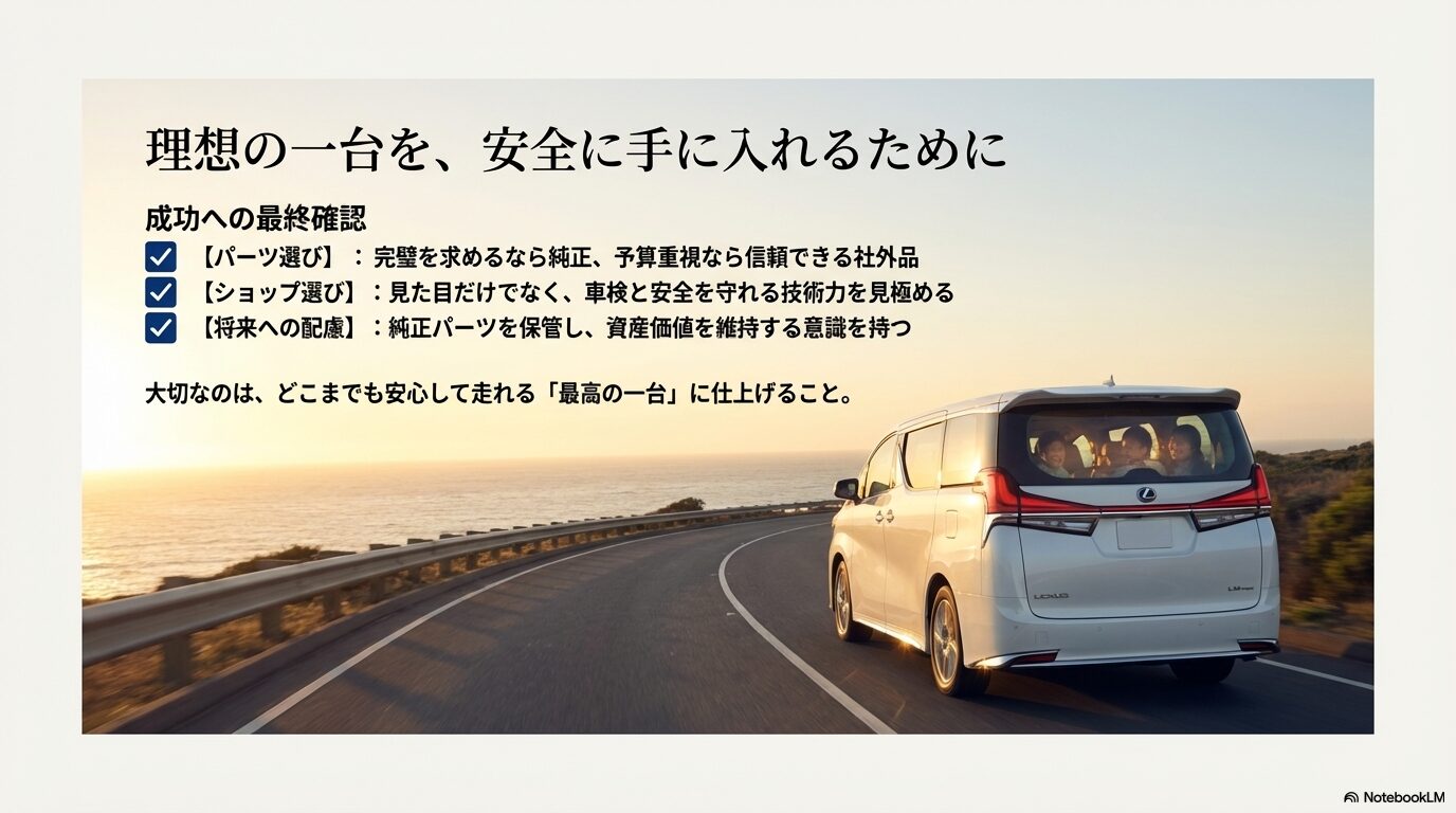 パーツ選び、ショップ選び、将来の資産価値維持という3つの観点からまとめた、カスタム成功への最終確認リスト。