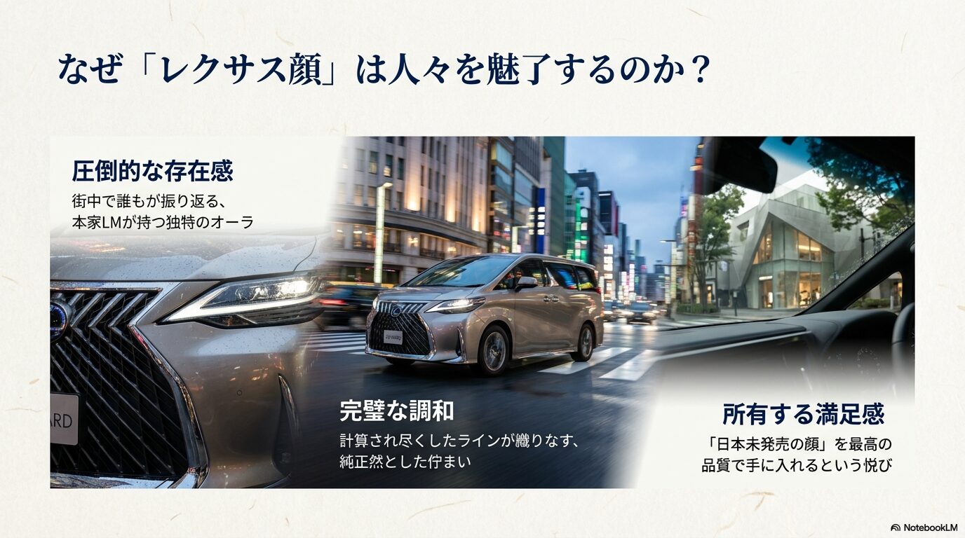 トヨタ・アルファードをレクサス顔にする魅力として、圧倒的な存在感、完璧な調和、日本未発売モデルを所有する満足感を解説したスライド資料。