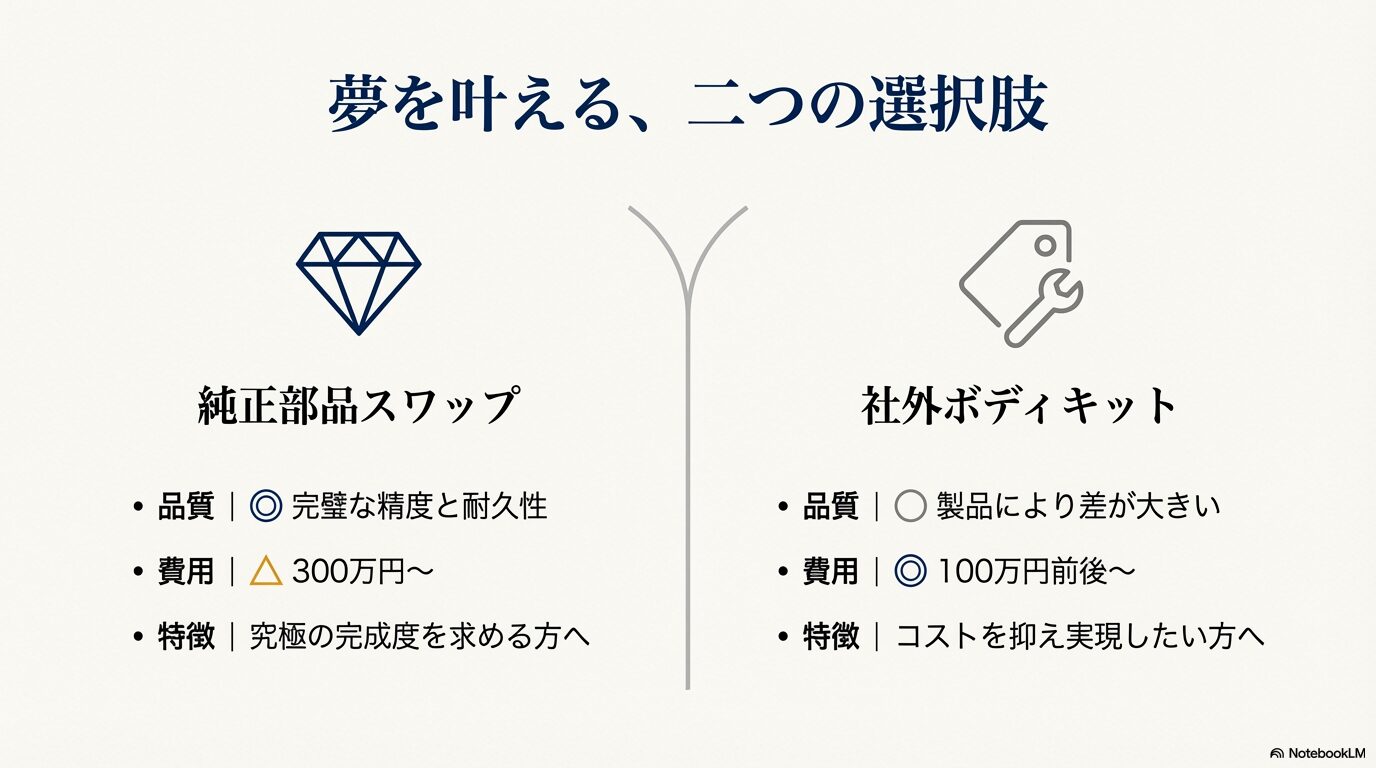 アルファードのLMフェイスチェンジ手法である「純正部品スワップ」と「社外ボディキット」の品質・費用・特徴を比較した表。