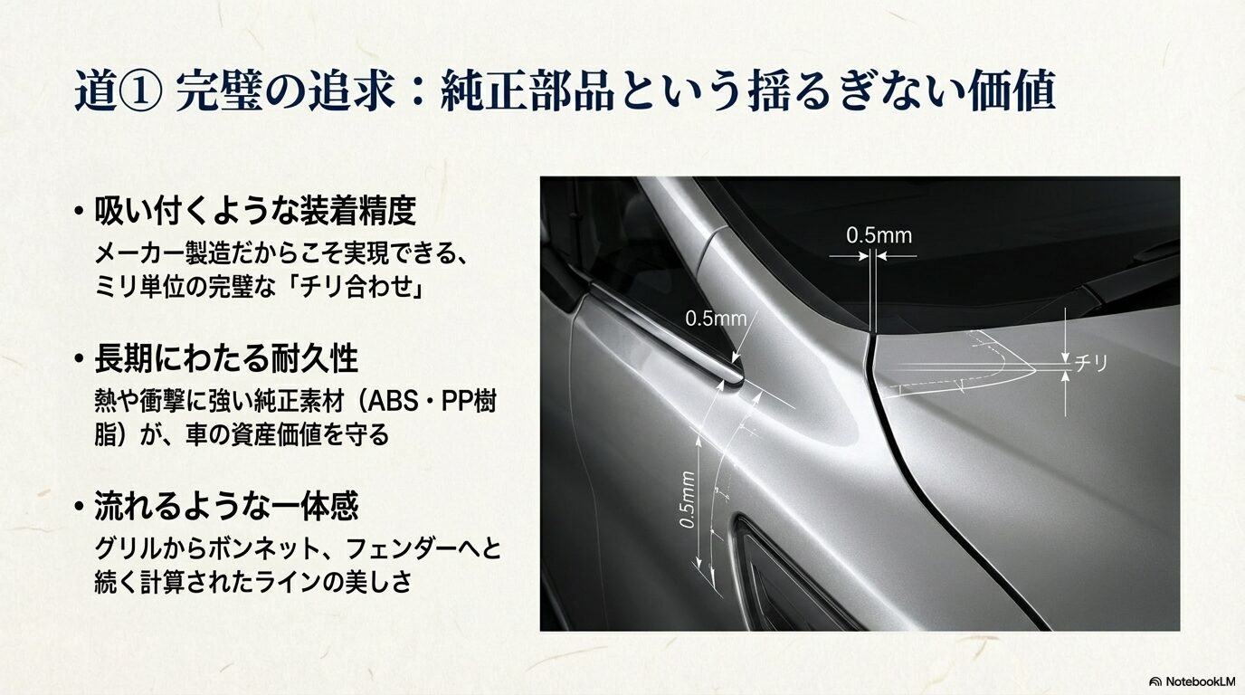 メーカー純正部品を使用することで実現する、0.5mm単位の精密なチリ合わせとラインの美しさを解説したスライド。
