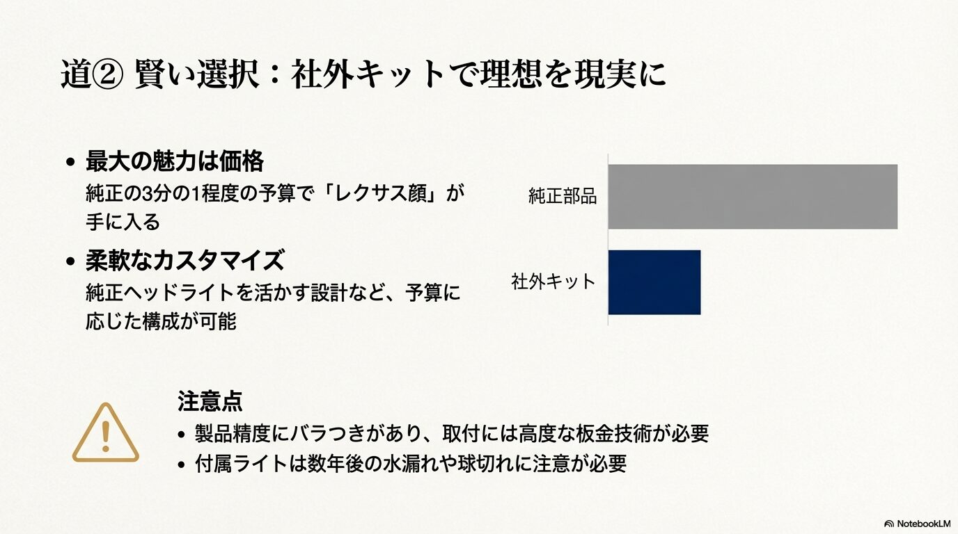 低予算でレクサス顔を実現できる社外キットの魅力と、取付時の板金技術の必要性やライトの水漏れに関する注意点。