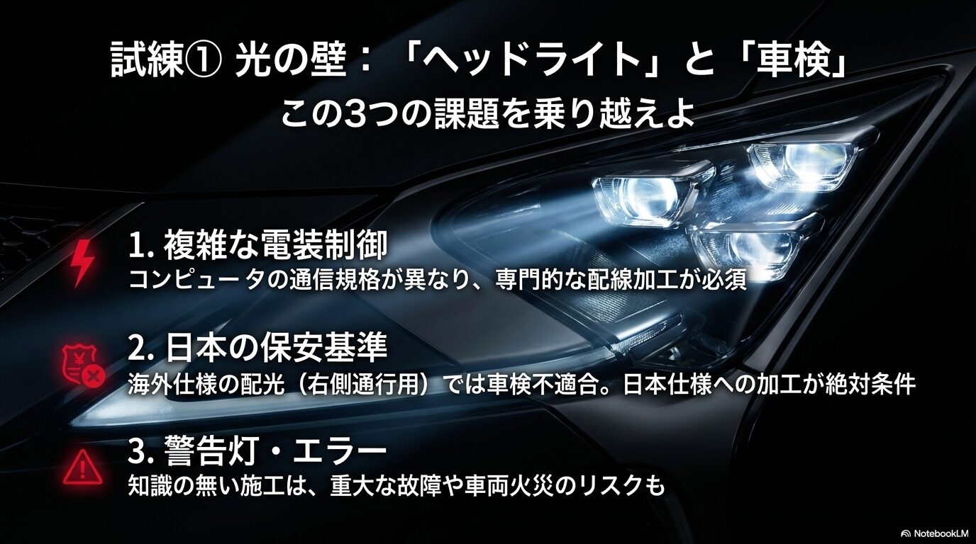 LMヘッドライト移植時に直面する電装制御の複雑さや、日本の車検適合（左側通行用配光）への加工の必要性をまとめた資料。