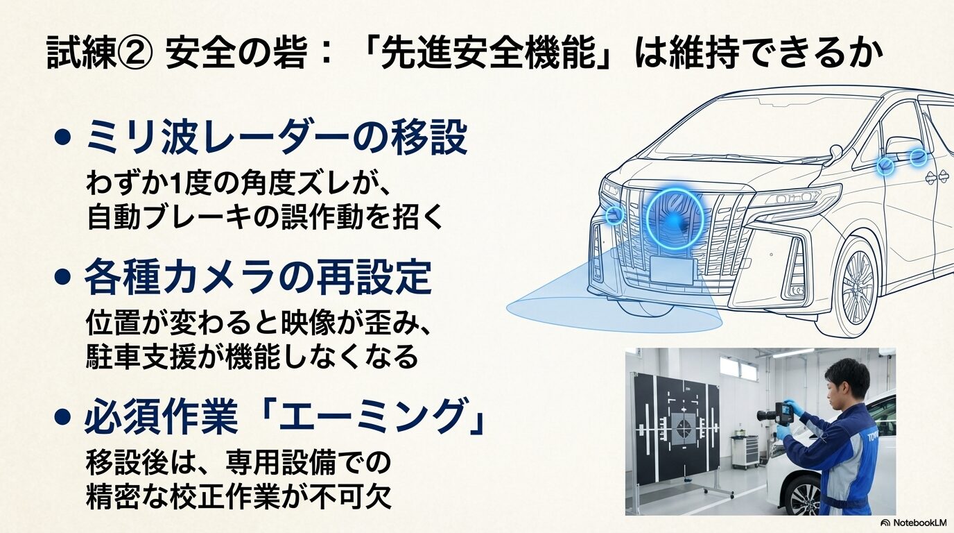 ミリ波レーダーやカメラ移設後の精密な校正作業「エーミング」の様子と、安全機能を維持するための必須工程の解説図。