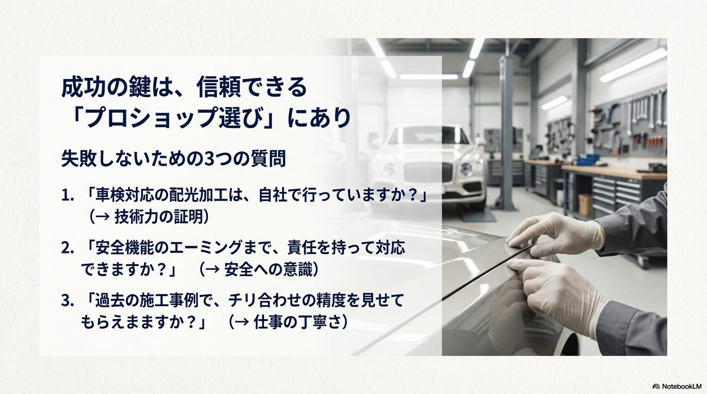 施工店を選ぶ際に確認すべき、車検対応加工の自社施工、エーミング対応、チリ合わせの実績という3つのチェックポイント。