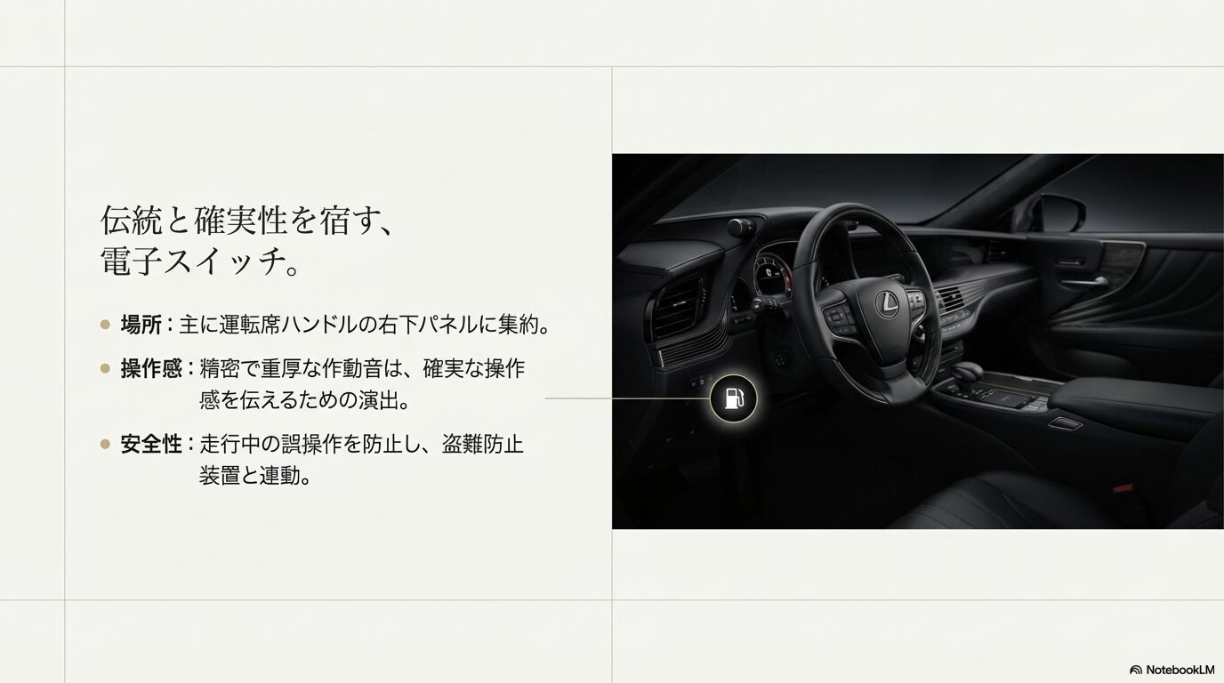 運転席ハンドルの右下パネルにあるレクサスの電子スイッチ式給油ボタンの場所を示す内装画像
