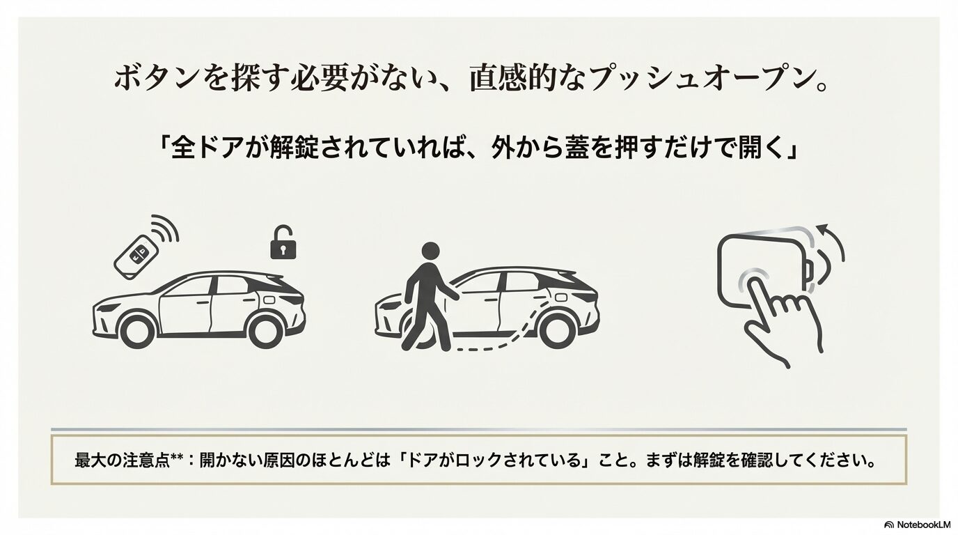 全ドアが解錠されている時に外から蓋を直接押して開けるプッシュオープン方式の操作イメージ