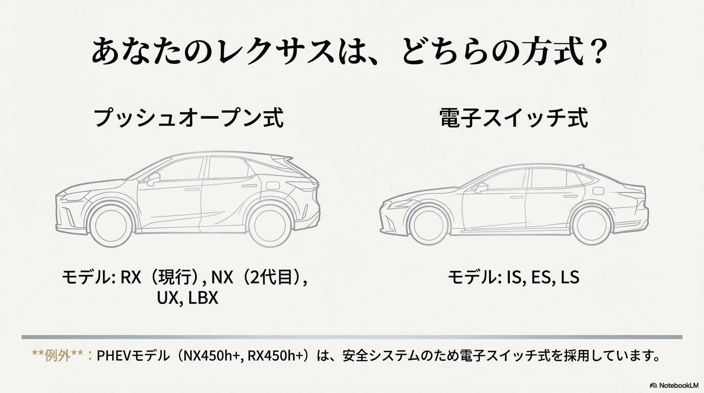 RX, NX, UX, LBXなどのプッシュオープン式と、IS, ES, LSの電子スイッチ式の車種別分類図