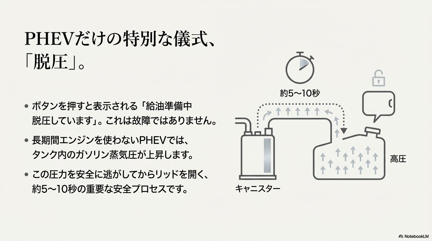 PHEVモデルの給油準備中に行われる、タンク内のガソリン蒸気圧を逃がす脱圧プロセスの図解
