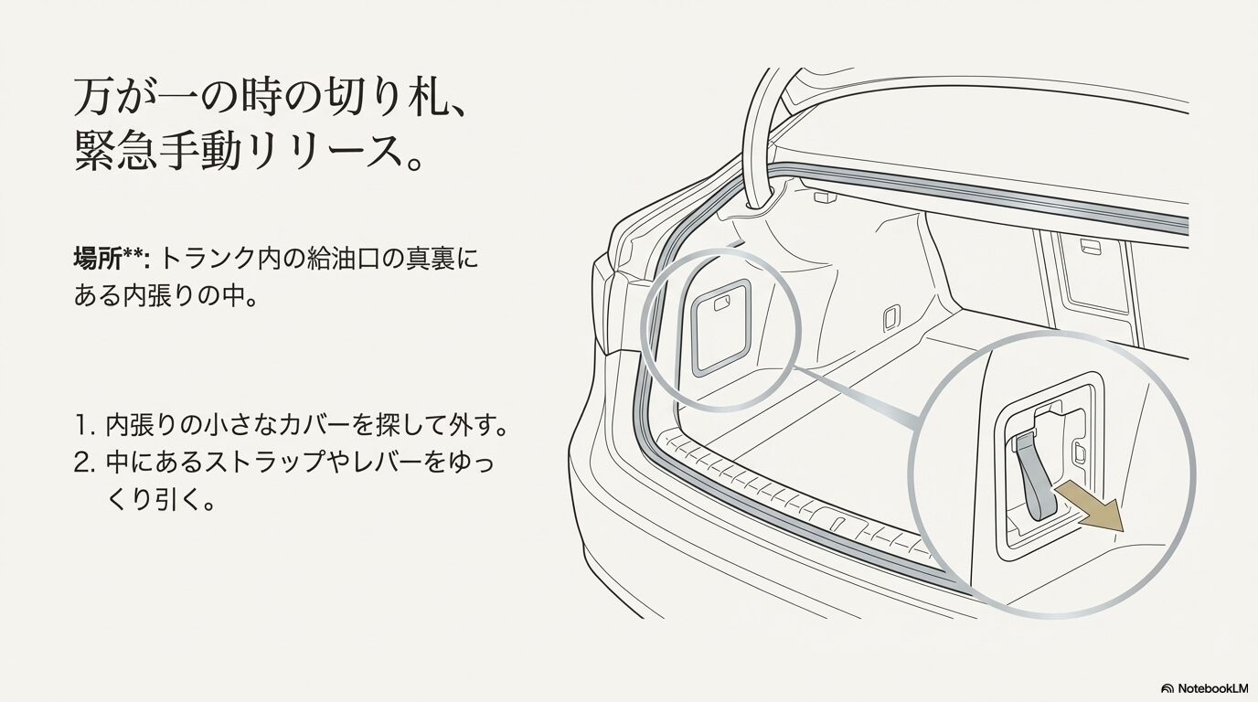 トランク内の内張りにあるカバーを外し、給油口を緊急開放するためのストラップを引く手順のイラスト