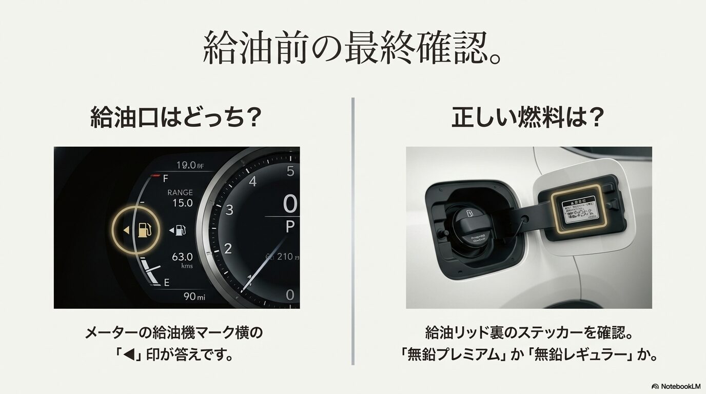 メーターパネルの給油機マーク横の三角印で給油口の左右を確認する方法と、リッド裏の指定燃料ステッカーの確認