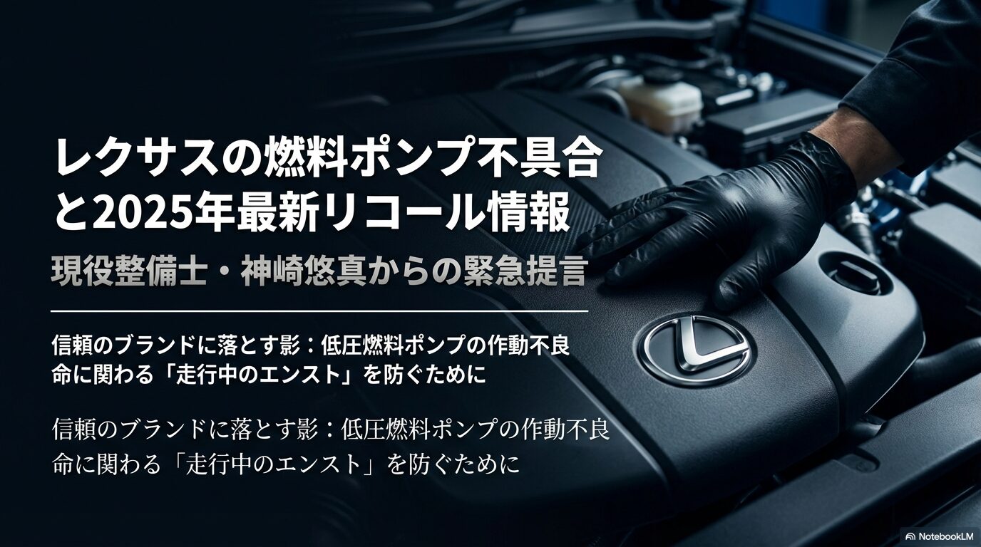 レクサスのロゴと、燃料ポンプ不具合・2025年最新リコール情報についてのスライド。整備士・神崎悠真からの緊急提言。