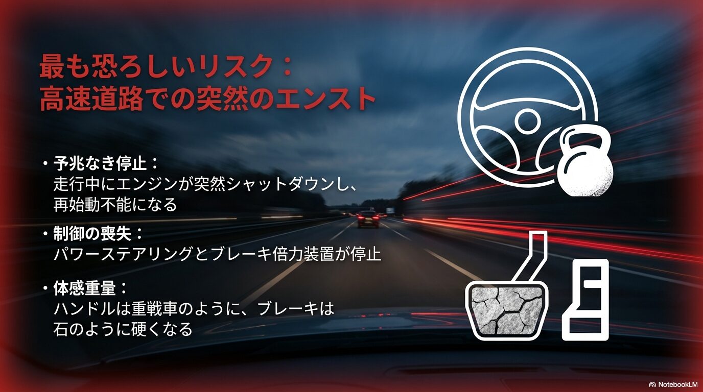 高速道路でエンストが発生した際の恐ろしいリスク。パワーステアリングやブレーキ倍力装置が停止し、操作が極端に重くなる説明。