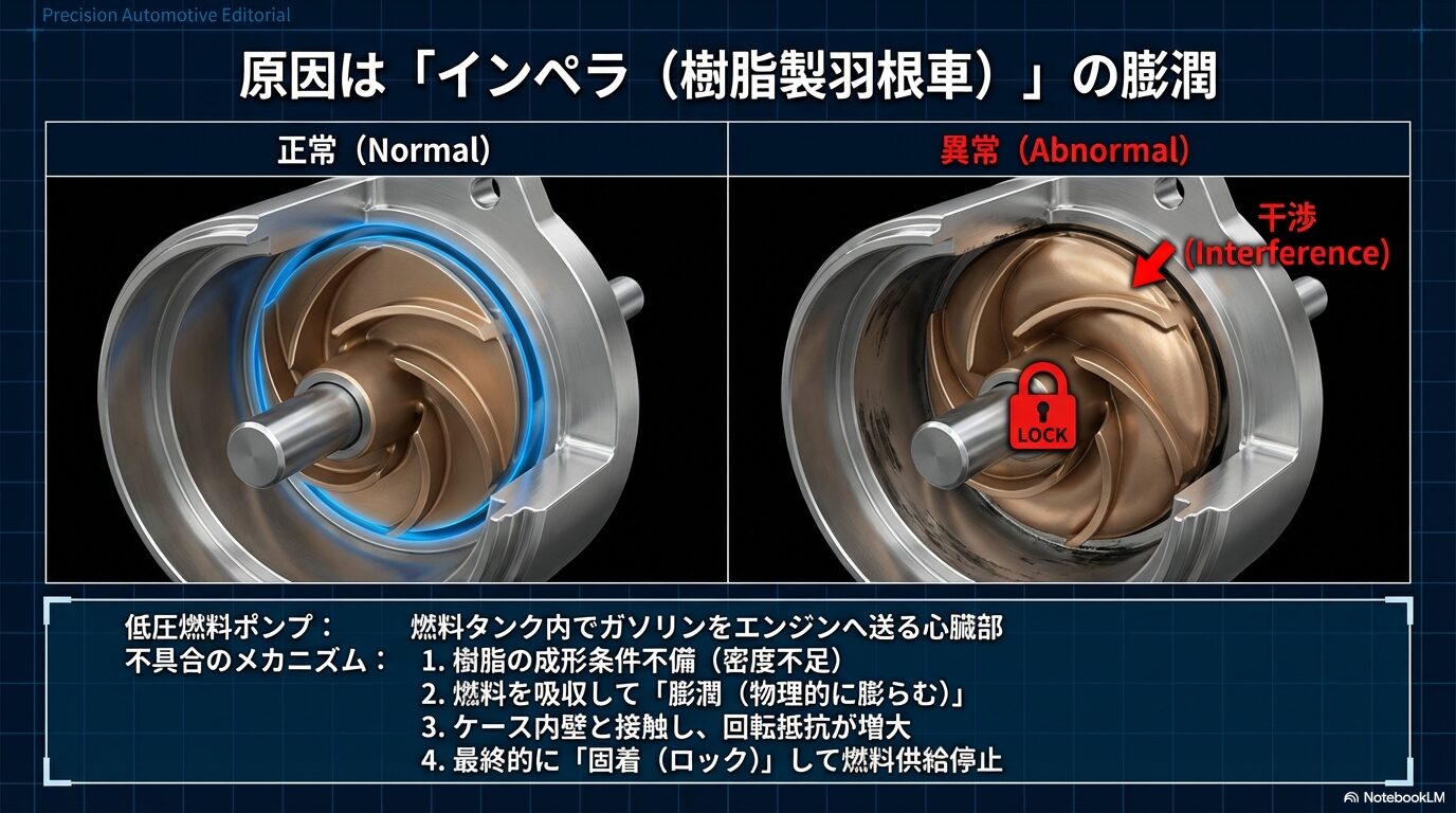 正常な燃料ポンプと、樹脂製インペラが膨潤してケース内壁に干渉し、ロック(固着)して燃料供給が停止する異常状態の比較図。