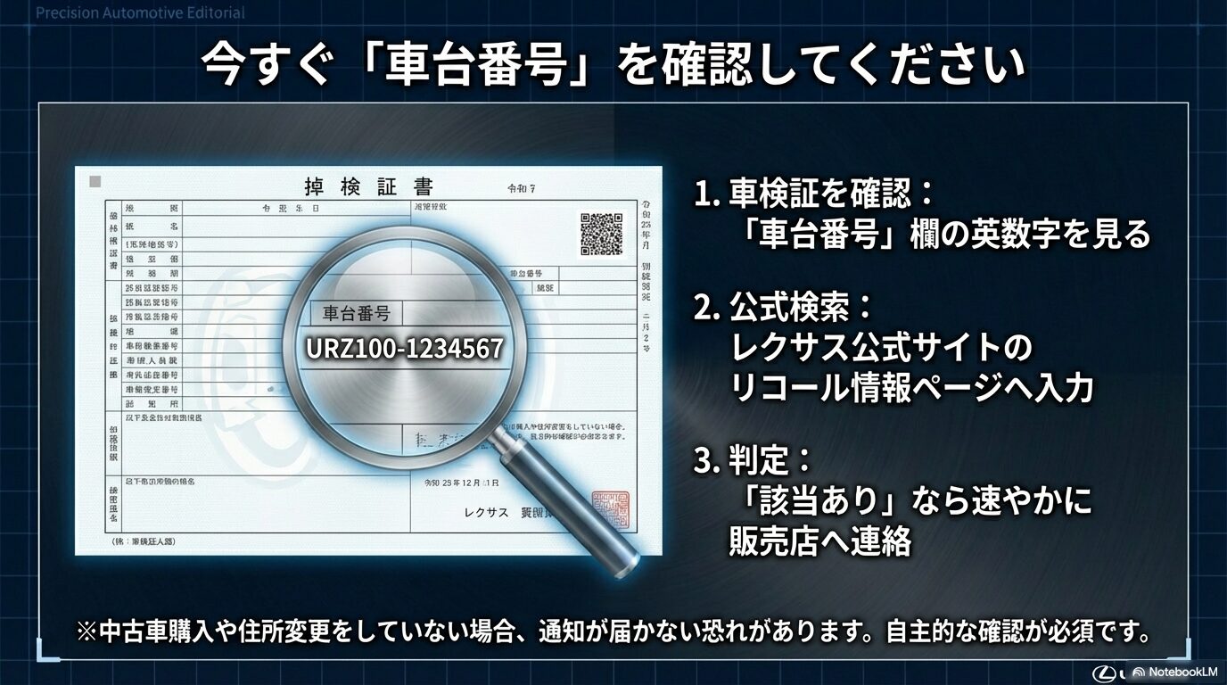 車検証の車台番号欄の確認、公式サイトでの入力、該当ありの場合の販売店連絡というリコール確認の3ステップ。